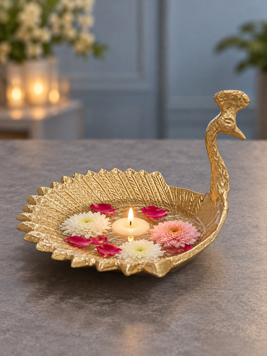 Gold Finish Peacock Urli Bowl for Home & Festive Decoration | HOM-WCT040