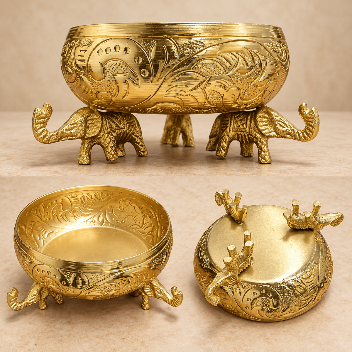 Gold Finish 3 Elephant Stand Decorative Urli Bowl | HOM-WCT043
