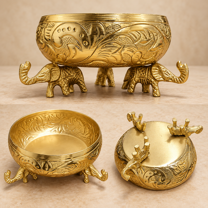 Gold Finish 3 Elephant Stand Decorative Urli Bowl | HOM-WCT043