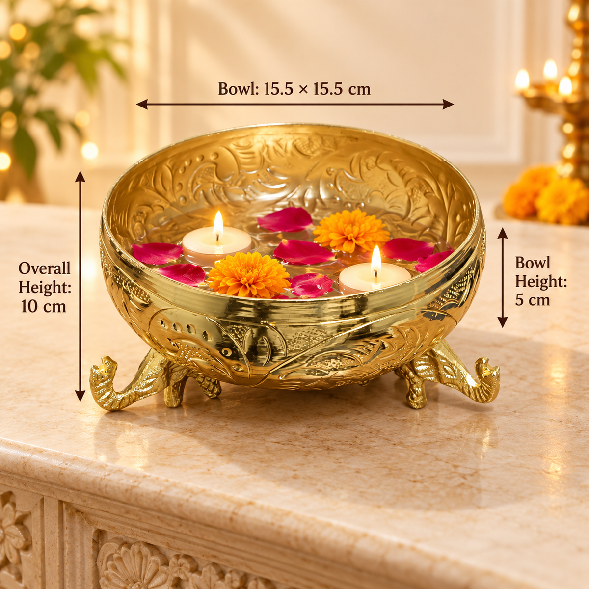 Gold Finish 3 Elephant Stand Decorative Urli Bowl | HOM-WCT043