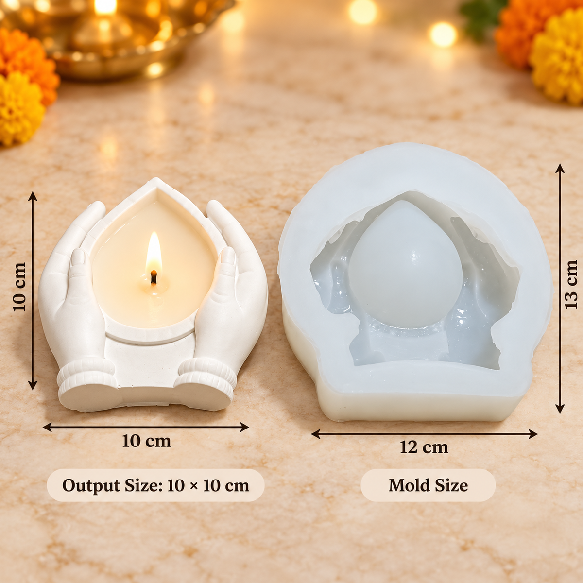 3D Hands Holding Diya Silicone Mold | MLD-ARM616[own]