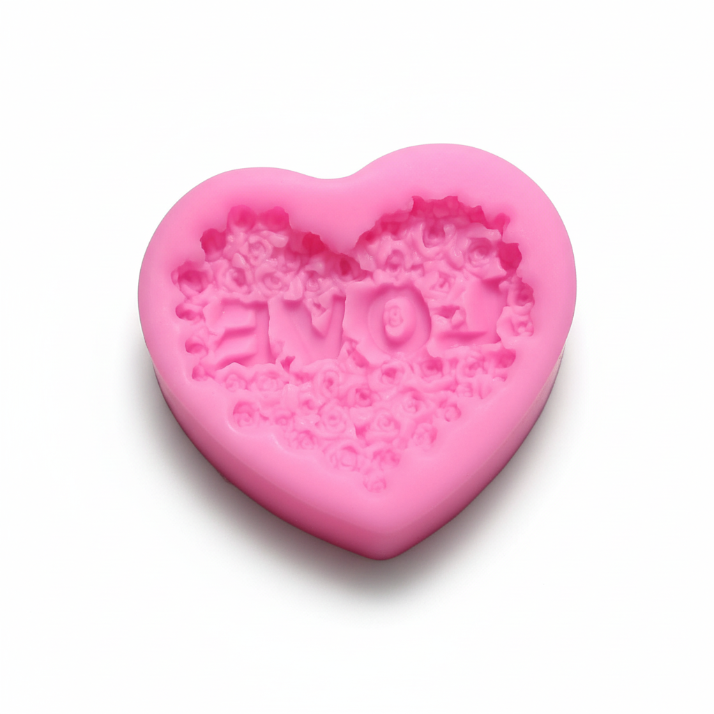 Pink heart-shaped silicone mold with floral design on a white background