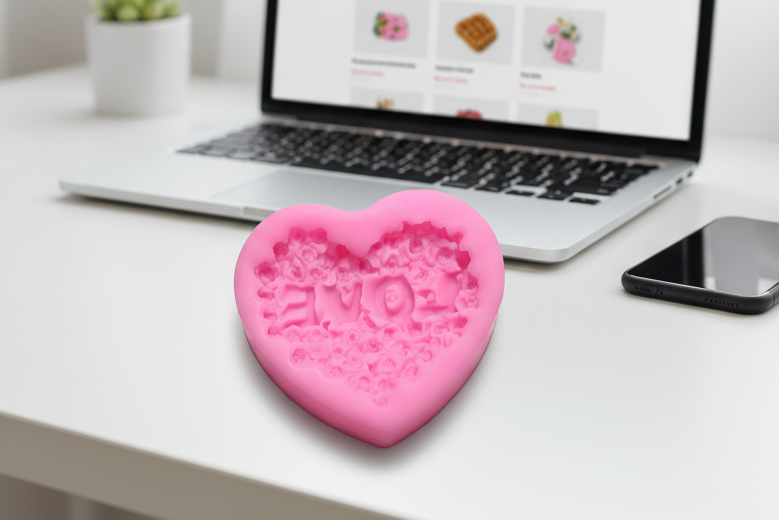 Pink heart-shaped mold with 'LOVE' on a desk next to a laptop and phone.