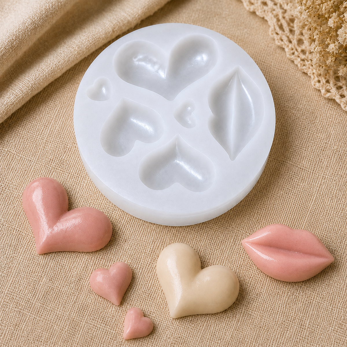 A round white silicone mold with heart and leaf cavities, displayed on a beige textured fabric with pink and cream heart-shaped clay pieces arranged around it.