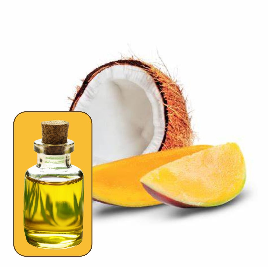 A bottle of mango coconut fragrance oil with an image of a coconut and mango slices in the background.