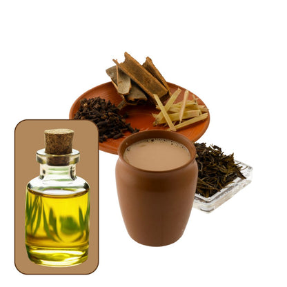 A bottle of candle fragrance oil with a cork stopper next to a cup of tea and various spices, representing the masala tea fragrance.