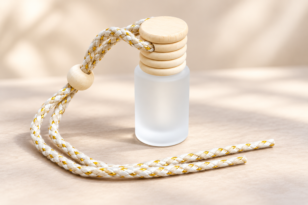 Frosted Glass Hanging Car Perfume Diffuser Bottle with Wooden Cap (5ML)  | PKG-HDF024