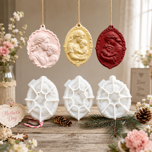 Three decorative hanging ornaments displayed above three matching white ornament molds on a rustic wooden surface, surrounded by flowers, pine branches, and holiday decor. The top ornaments are light pink, gold, and dark red, and the bottom ornaments are white with embossed web-like patterns.