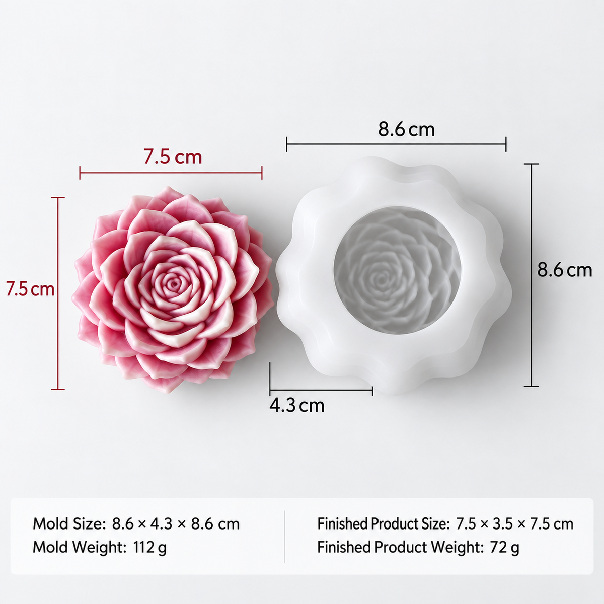 A pink rose-shaped mold and finished rose product shown on a light gray background with overlaid dimensions and weight information. The left side shows a pink rose sculpture with measurements 7.