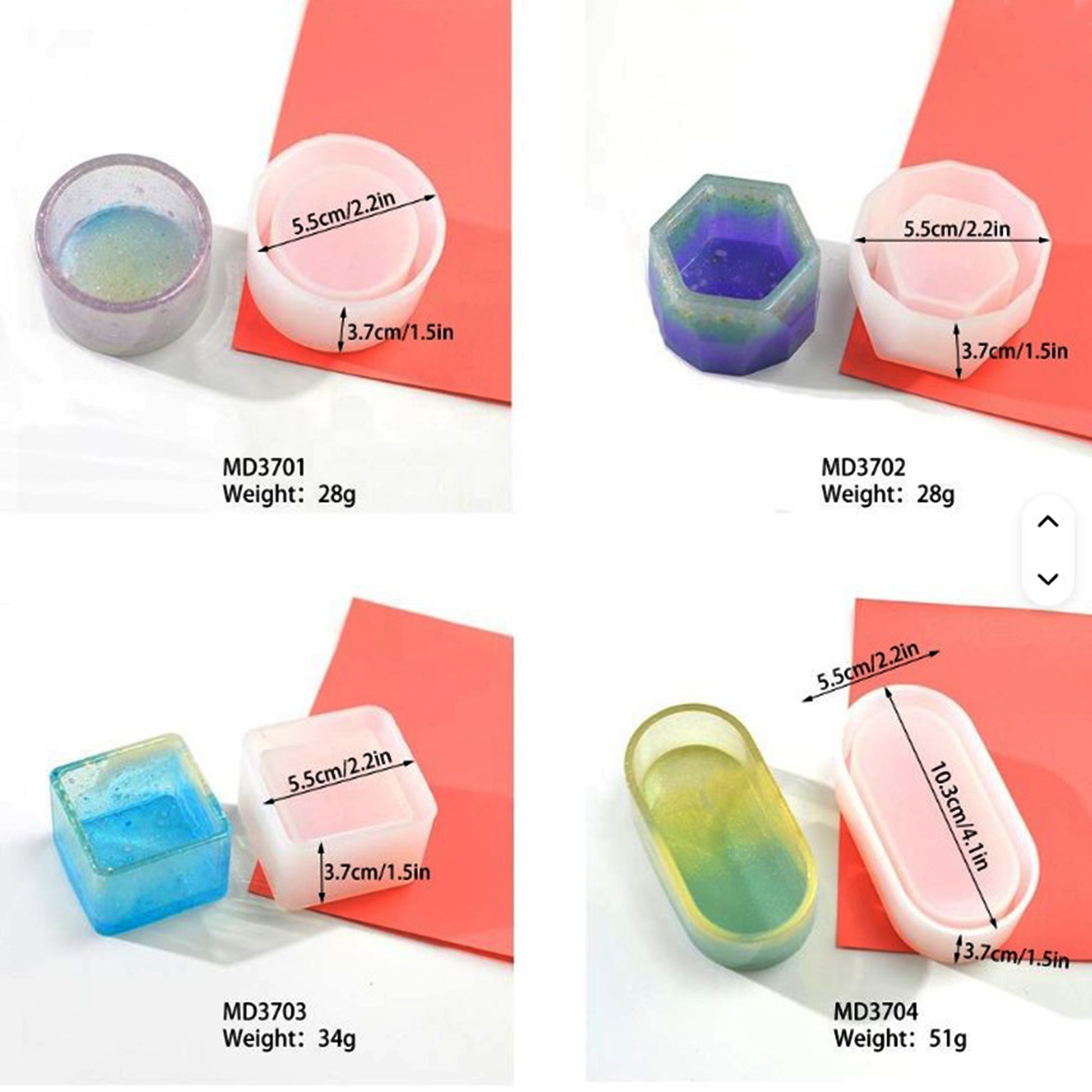 Colorful resin molds with measurements and weights on a white background