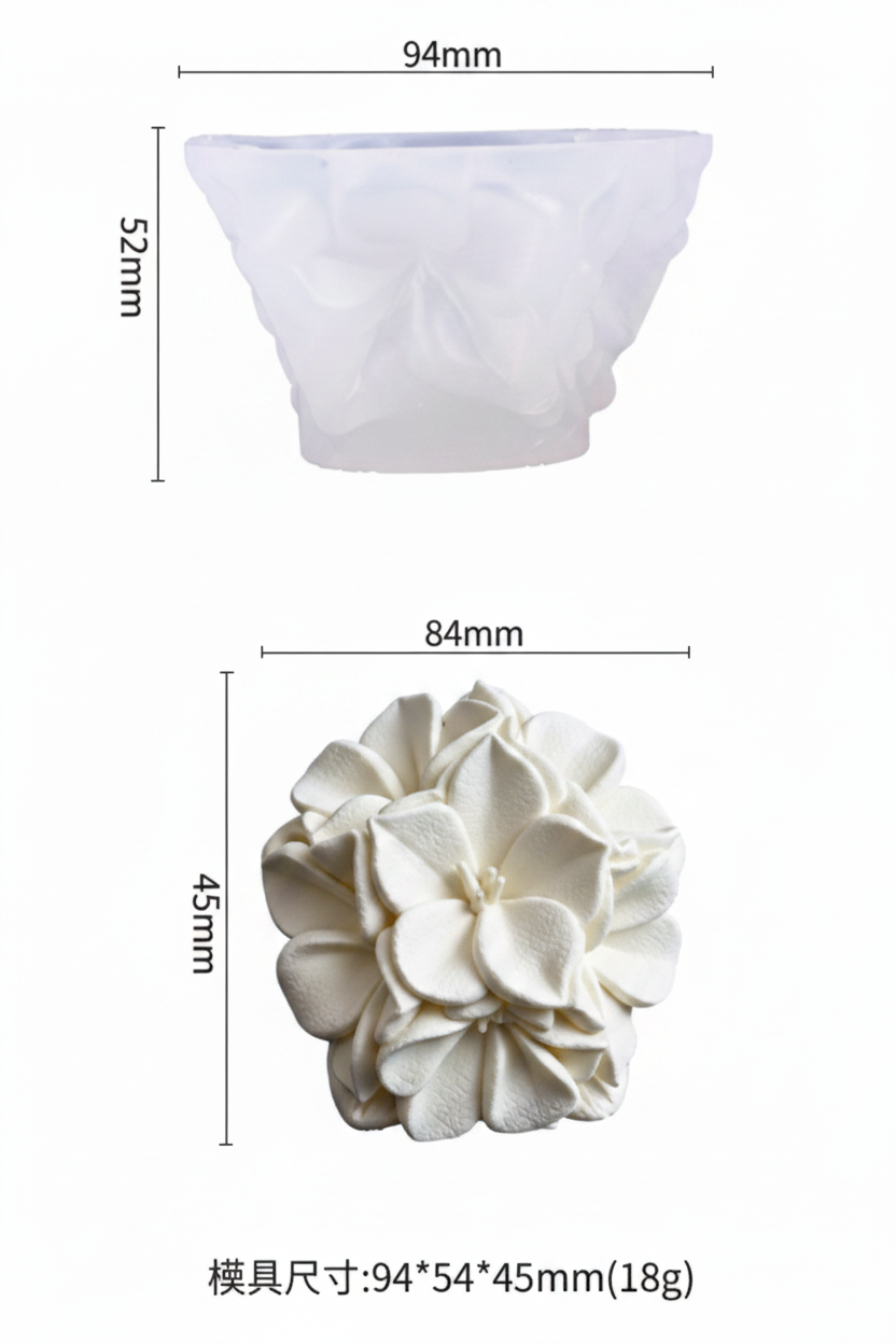 A white floral silicone mold and its corresponding white flower-shaped product, with dimension labels showing 94mm width, 52mm height for the mold, and 84mm width, 45mm height for the flower. Chinese text and product code SP-76 are shown.