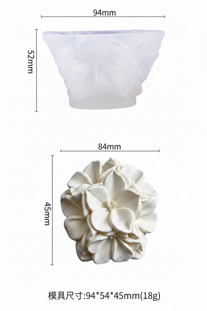 A white floral silicone mold and its corresponding white flower-shaped product, with dimension labels showing 94mm width, 52mm height for the mold, and 84mm width, 45mm height for the flower. Chinese text and product code SP-76 are shown.