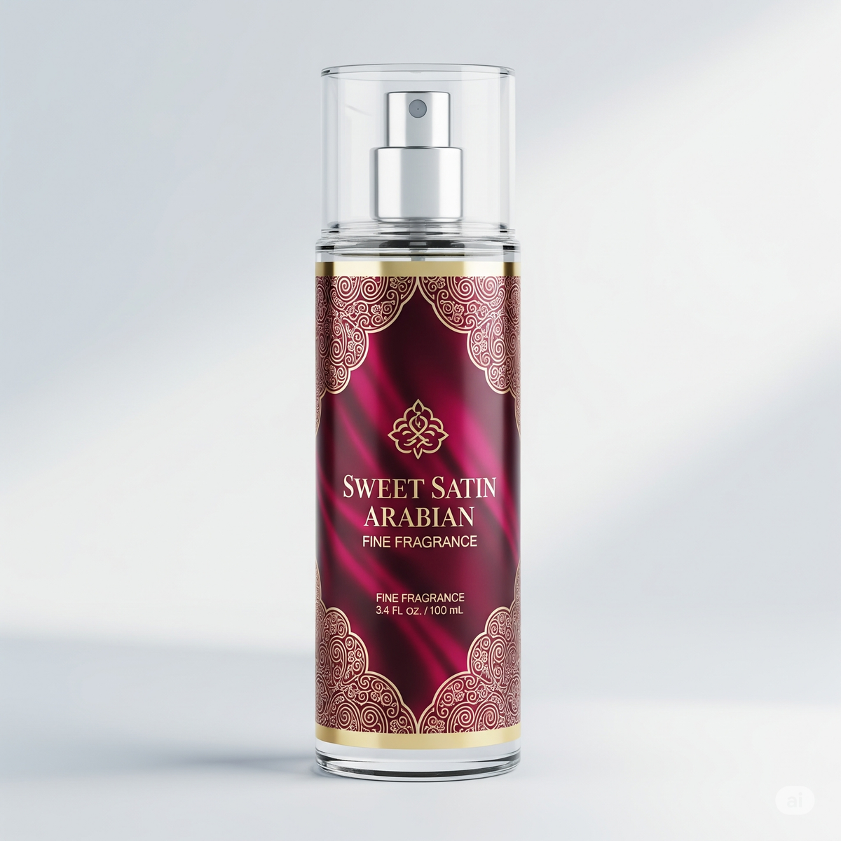 Sweet Satin Arabian fine fragrance spray bottle on a light gray background