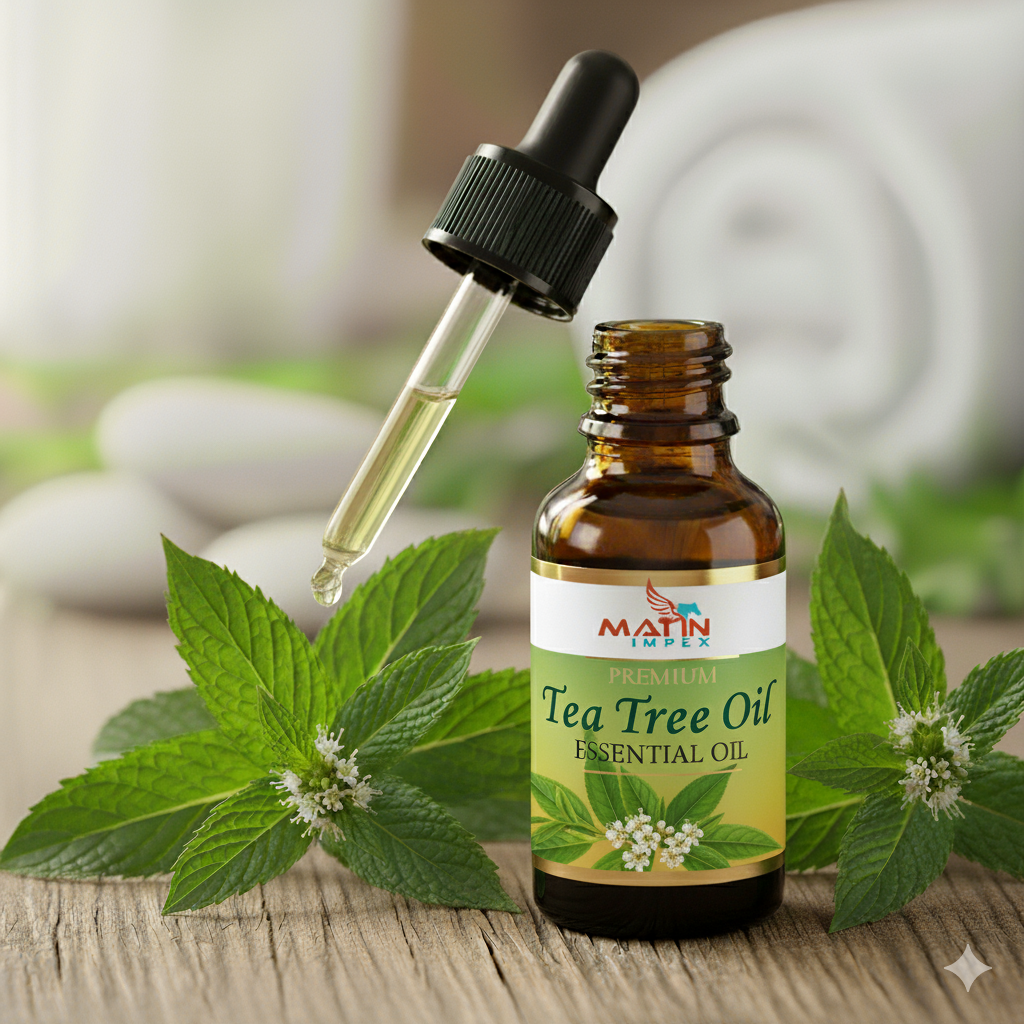 Bottle of Tea Tree Oil with dropper and leaves on a wooden surface