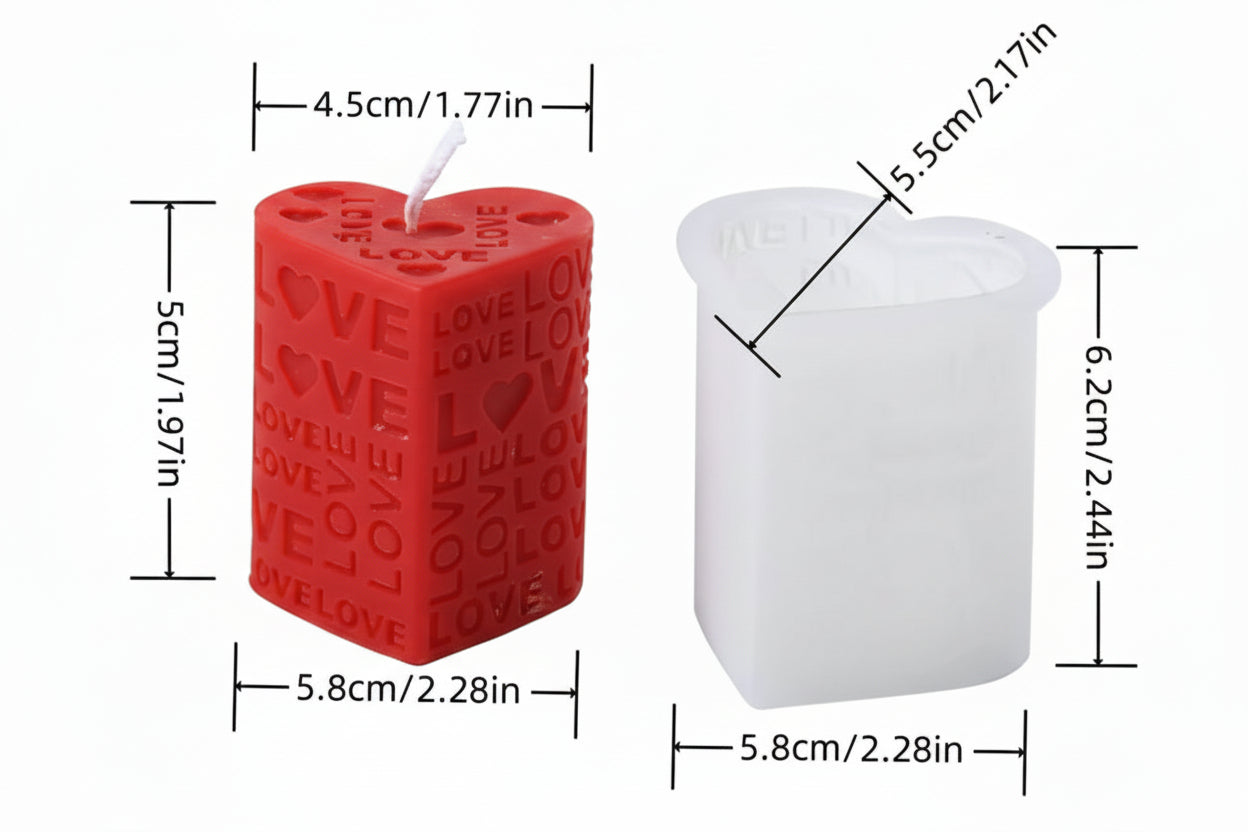 3D Love Text heart shape pillar Candle Mold | WCM821
