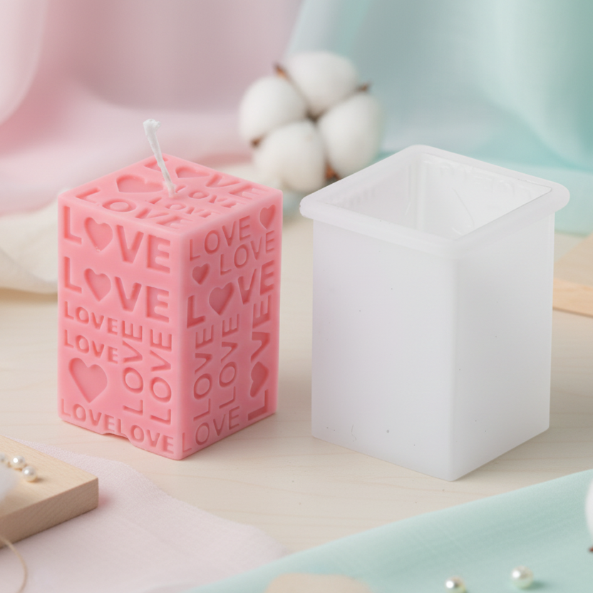 3D Love Text Cube shape pillar Candle Mold | WCM822