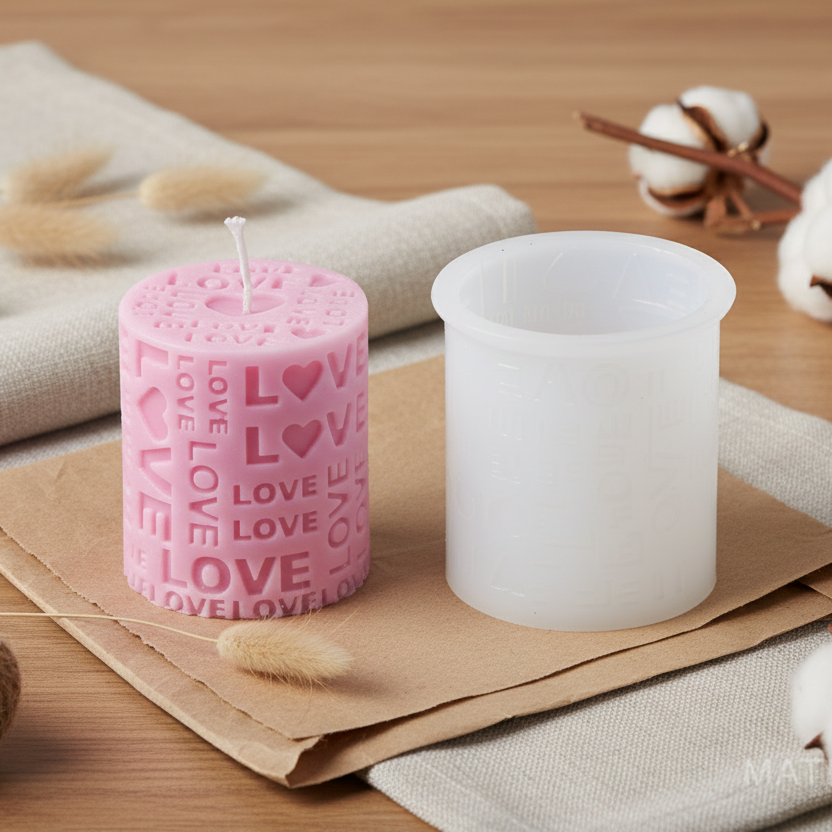 3D Love Text Round shape pillar Candle Mold | WCM823