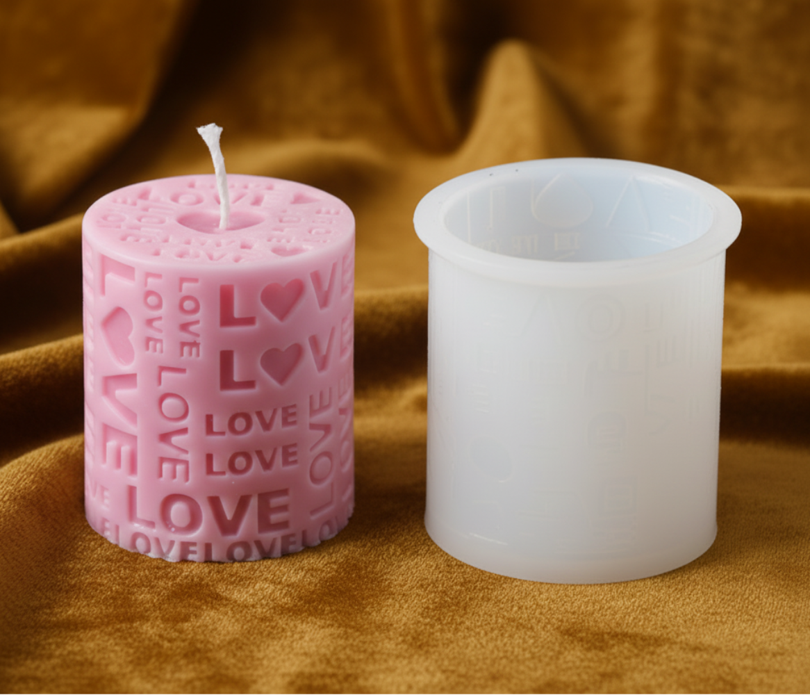 3D Love Text Round shape pillar Candle Mold | WCM823