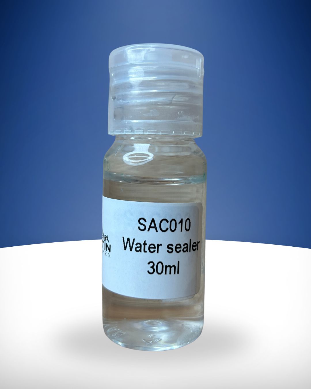 A clear bottle labeled 'SAC010 Water sealer 30ml' against a blue background.