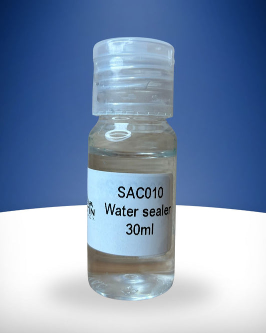 A clear bottle labeled 'SAC010 Water sealer 30ml' against a blue background.
