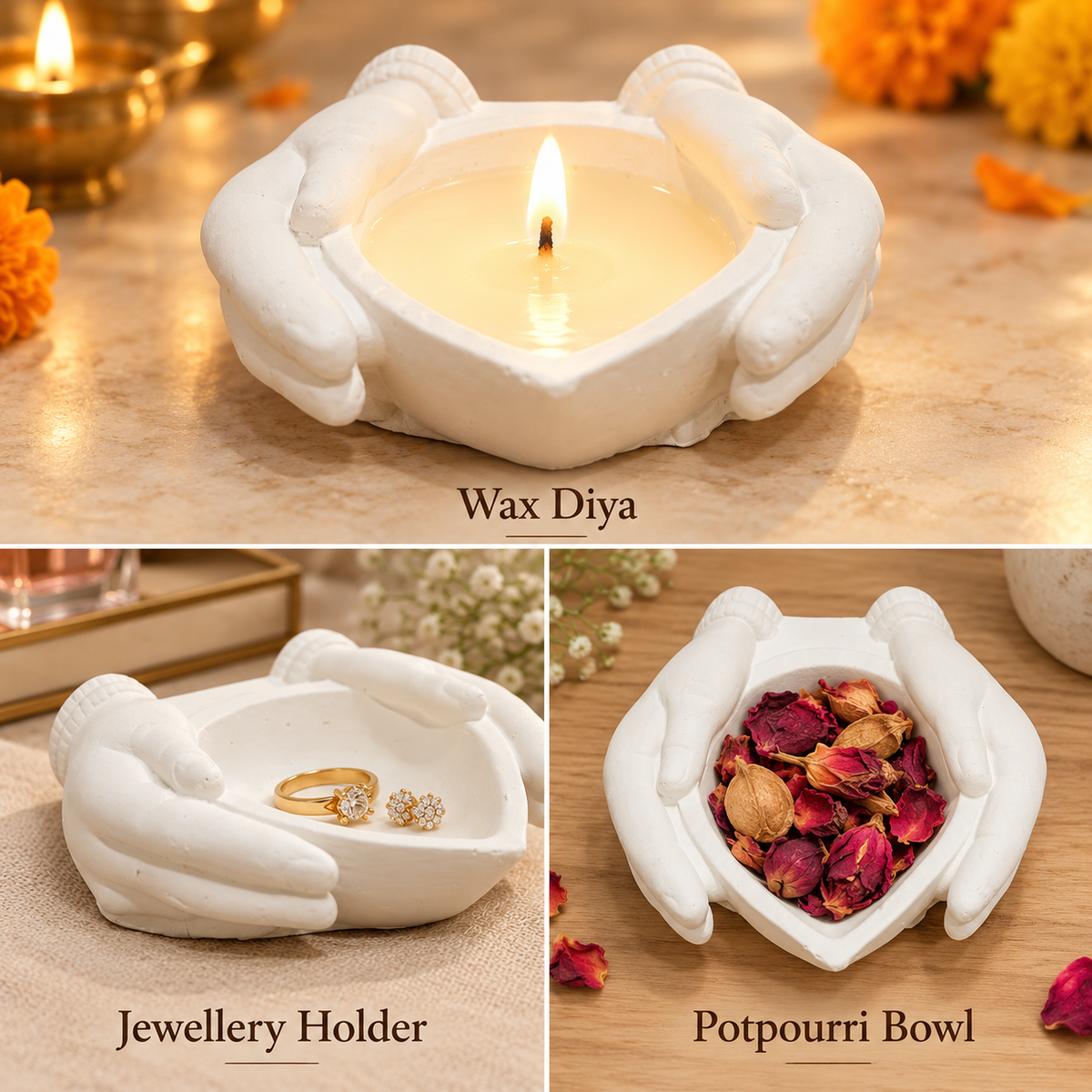3D Hands Holding Diya Silicone Mold | MLD-ARM616[own]
