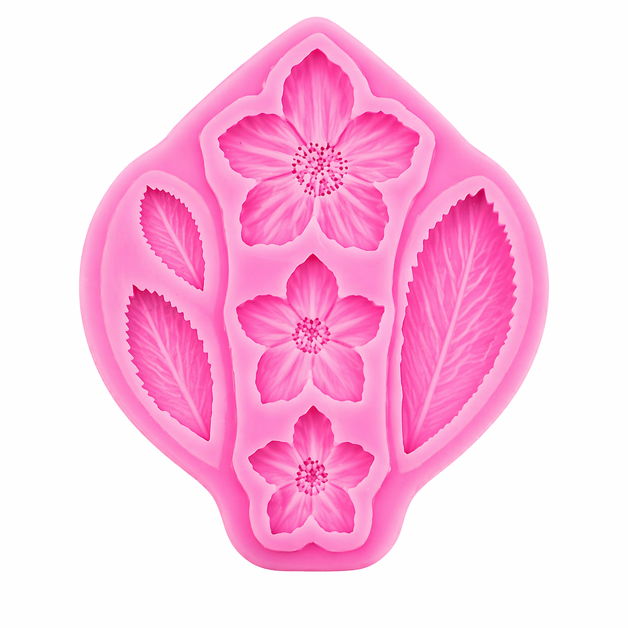 Pink silicone mold with floral designs on a white background