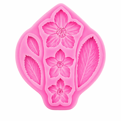 Pink silicone mold with floral designs on a white background