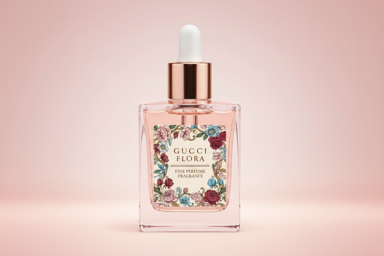 Gucci Flora perfume bottle on a pink background