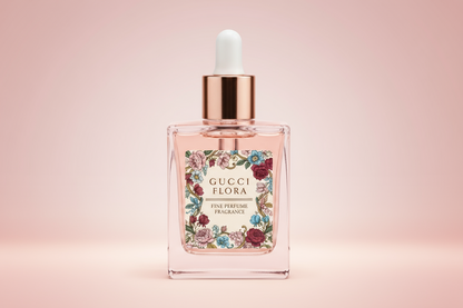 Gucci Flora perfume bottle on a pink background