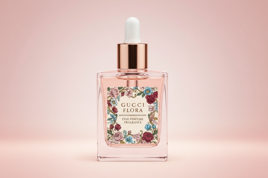 Gucci Flora perfume bottle on a pink background