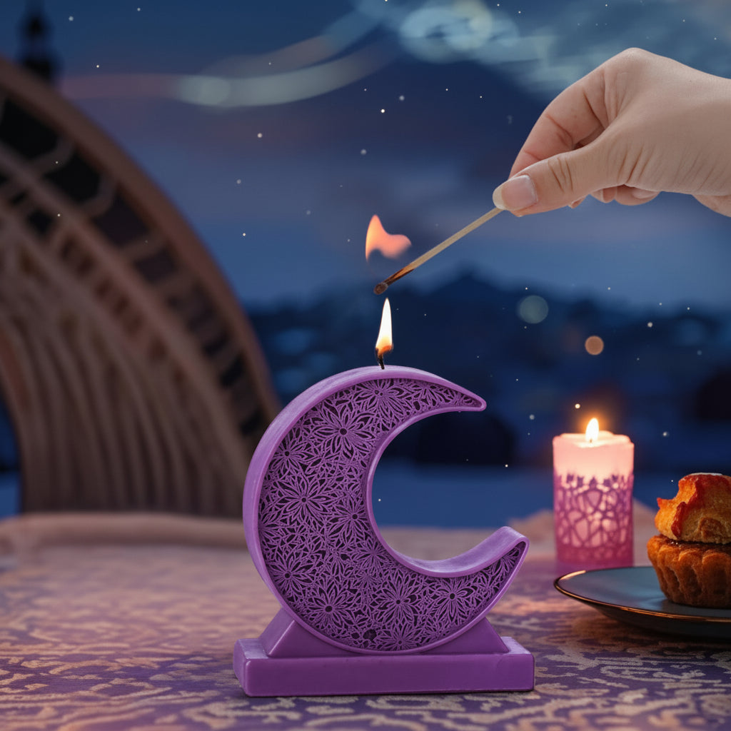 Purple crescent moon-shaped candle holder with a hand lighting it against a night sky.