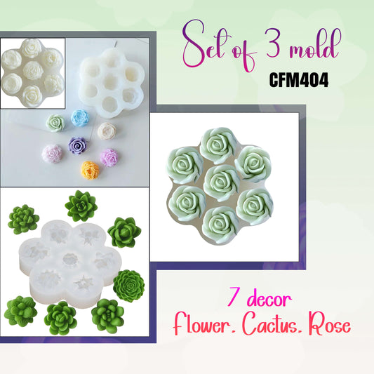Set of 3 multi-purpose molds CFM404 with flower, cactus, and rose designs for cakes, soaps, and candles