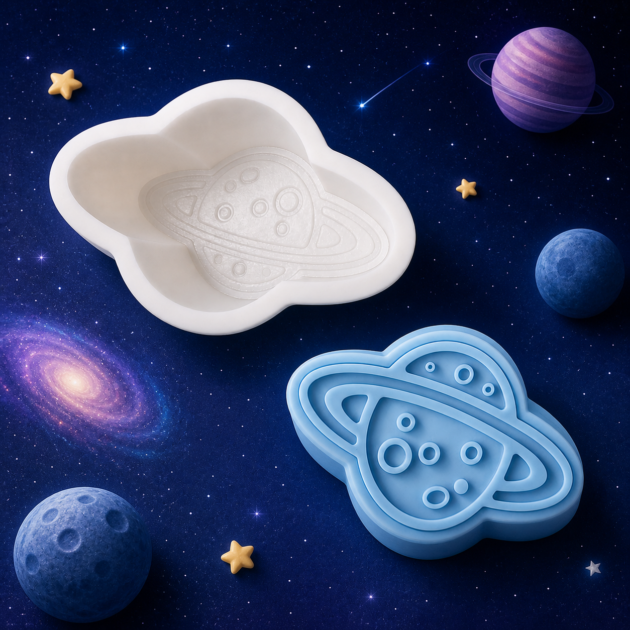 Space-themed cookie cutters on a cosmic background with planets and stars.