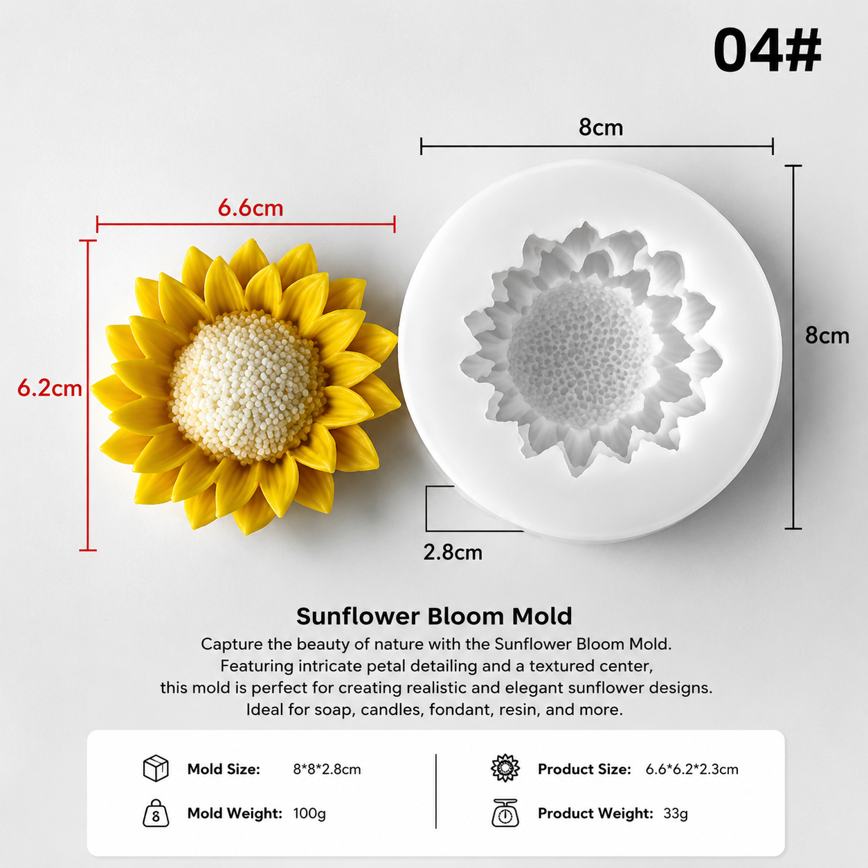 Sunflower bloom silicone mold shown with a yellow sunflower reference and dimension labels on a light gray background. The image includes product size measurements, a description, and a weight spec at the bottom.